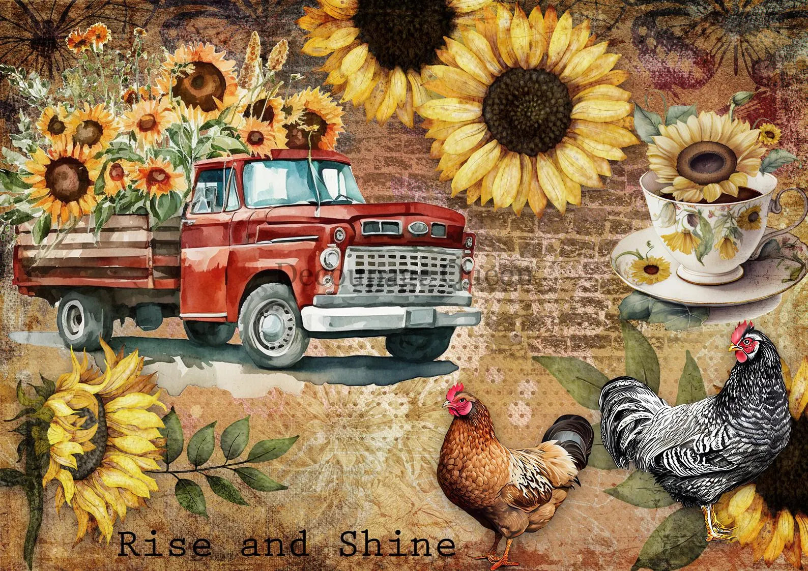 Decoupage Queen RISE AND SHINE Red Truck Sunflowers A4 Rice Paper DQRP0491