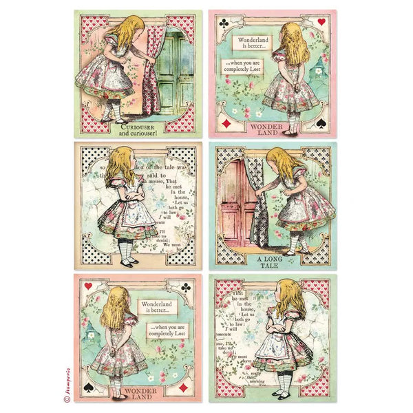 STAMPERIA Decoupage ALICE CARDS in Wonderland Rice Paper A4  DFSA4382