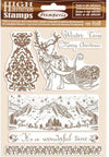 Set of Christmas-themed stamps with reindeer, sleigh, and mountain scenery on a beige background.