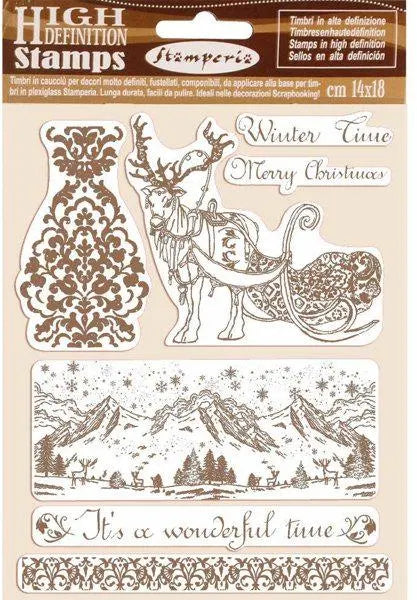Set of Christmas-themed stamps with reindeer, sleigh, and mountain scenery on a beige background.