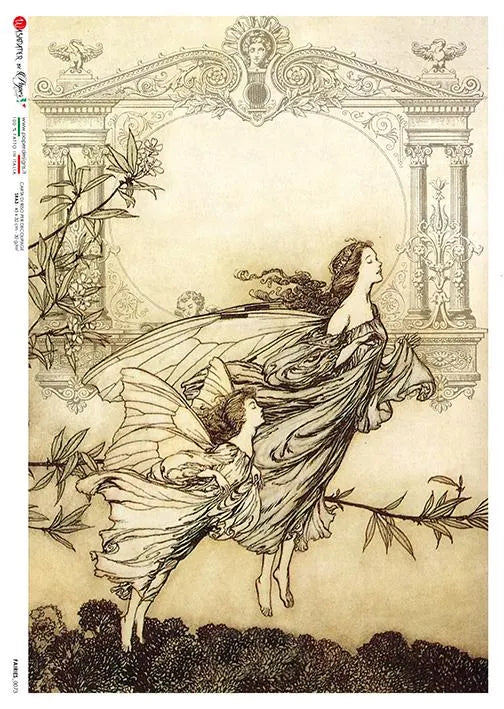 Artistic depiction of a woman in a flowing dress with decorative elements