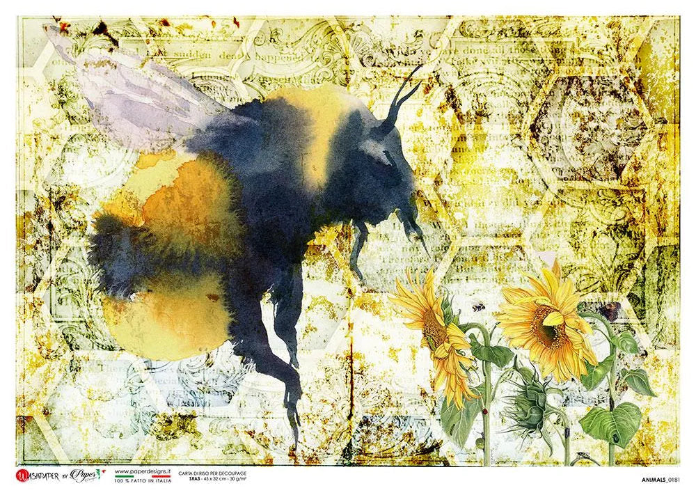 Paper Designs BUMBLEBEE with Sunflowers A4 Decoupage Rice Paper ANIMALS0181