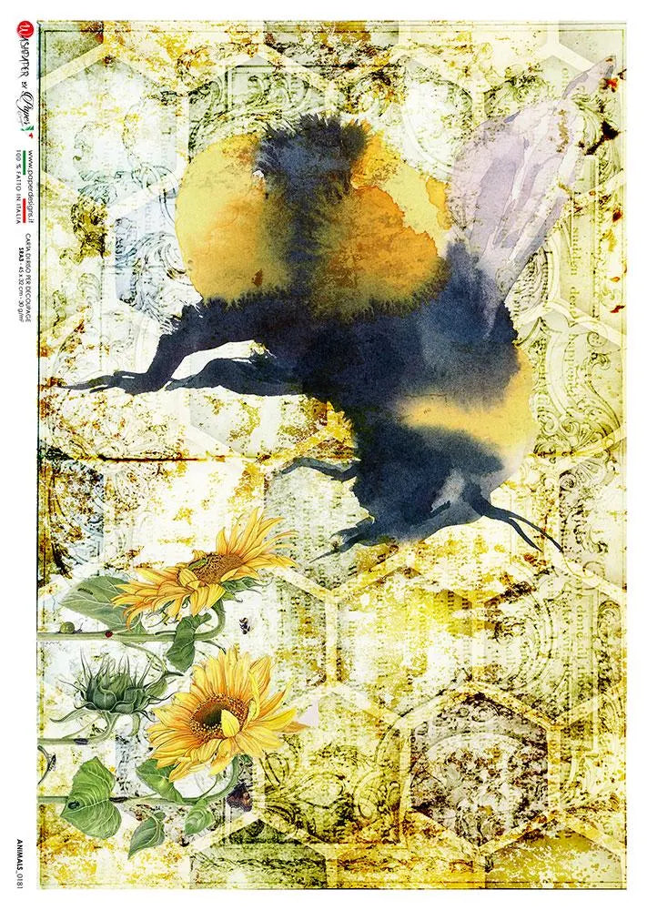 Paper Designs BUMBLEBEE with Sunflowers A4 Decoupage Rice Paper ANIMALS0181