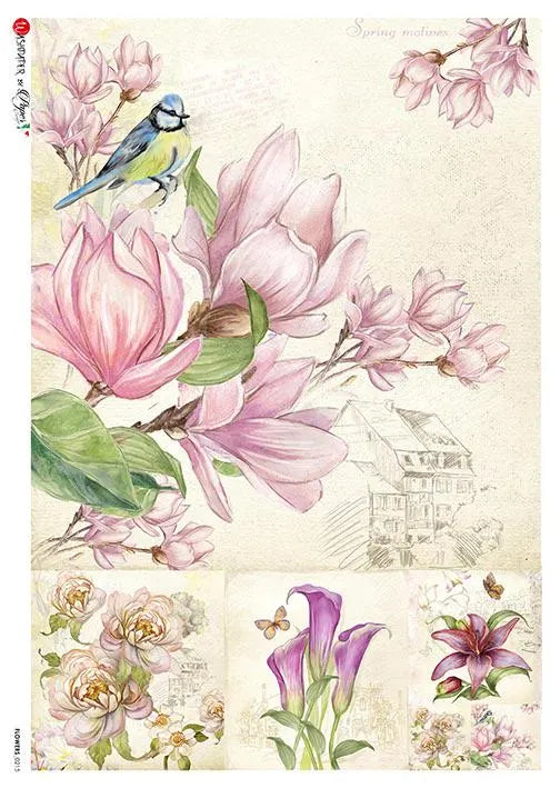 Sheet of decorative paper with pink flowers, a bird, and a house illustration.