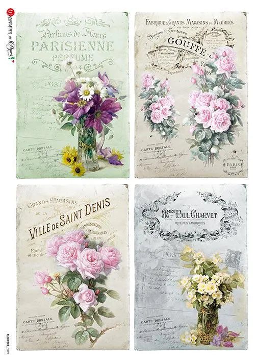 Four vintage-style posters with floral designs and French text on a white background.