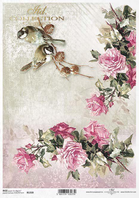ITD Collection TWO BIRDS with Pink Roses A4 Rice Paper R1318