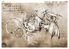 A monochrome dragon illustration rendered in black ink on a textured beige parchment-like background, with Chinese calligraphy along the lower left side.