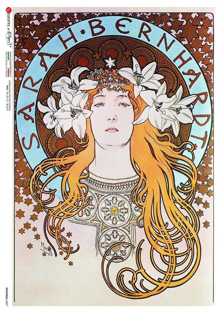 Paper Designs SARAH BERNHARDT PORTRAIT A4 Decoupage Rice Paper #NOUVEAU0027