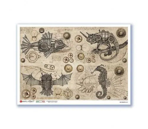 Steampunk-themed art print featuring vintage mechanical illustrations, including gears, cogs, and fantastical machine creatures on an aged parchment-style background, shown with a white border and drop shadow.