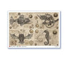 Steampunk-themed art print featuring vintage mechanical illustrations, including gears, cogs, and fantastical machine creatures on an aged parchment-style background, shown with a white border and drop shadow.