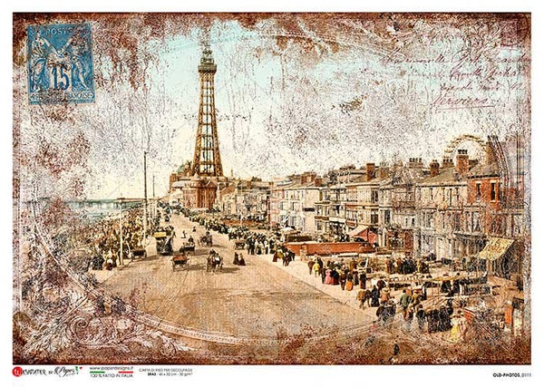 A vintage-style illustrated print or poster showing a coastal city street scene with a prominent tower, dense buildings, and a blue postage stamp in the upper right corner. The artwork has an aged, distressed texture with brown, beige, and off-white tones.