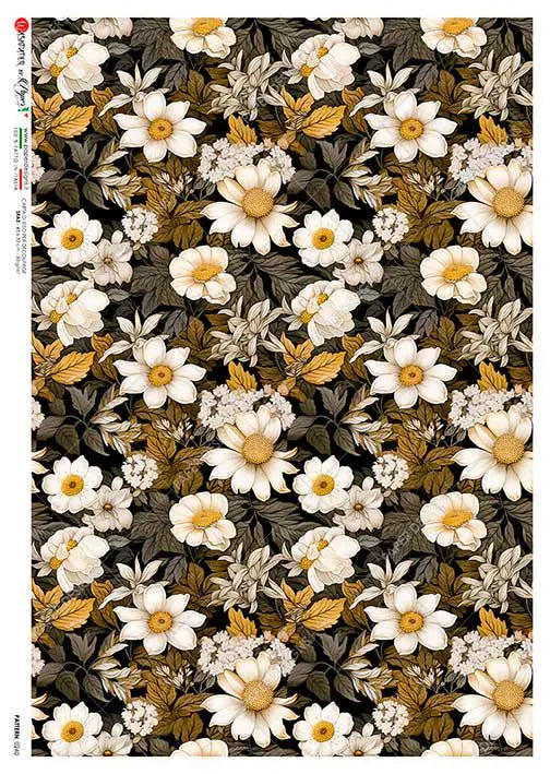 Pattern of white and yellow flowers on a dark background