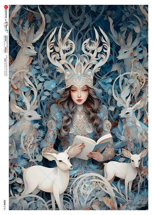 Fairy tale illustration of a woman with a deer-like headdress surrounded by white deer in a forest setting.