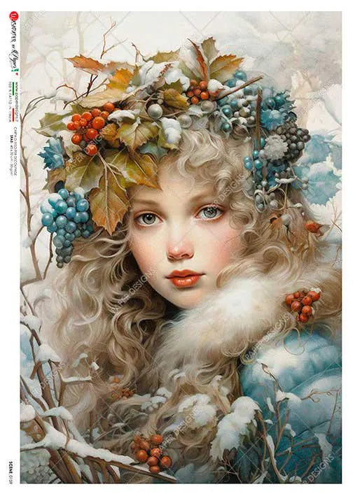 Paper Designs WINTER MAIDEN with Berry Crown A4 Decoupage Rice Paper #SCENE 0159