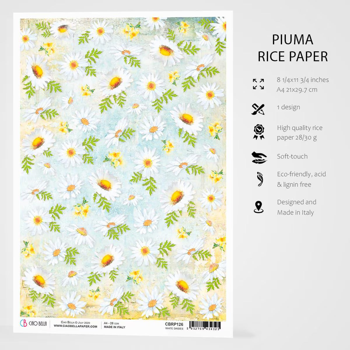 Ciao Bella MICROCOSMOS WHITE DAISIES Rice Paper A4 Mixed Media CBRP126