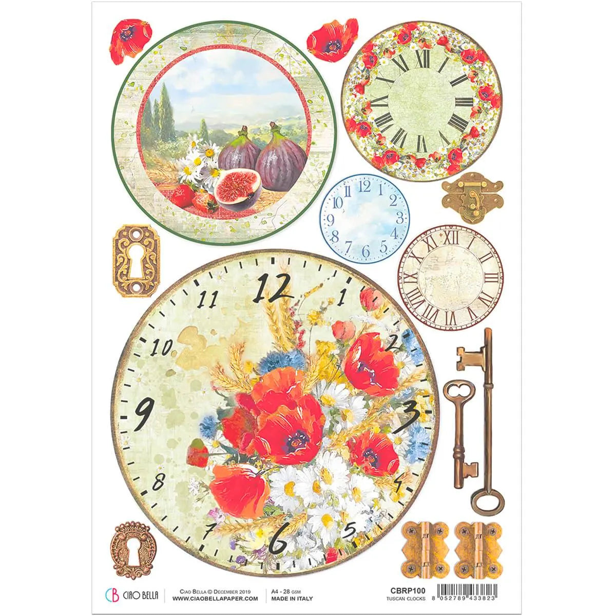Ciao Bella Under the Tuscan Sun TUSCAN CLOCKS Rice Paper A4 Mixed Media #CBRP100