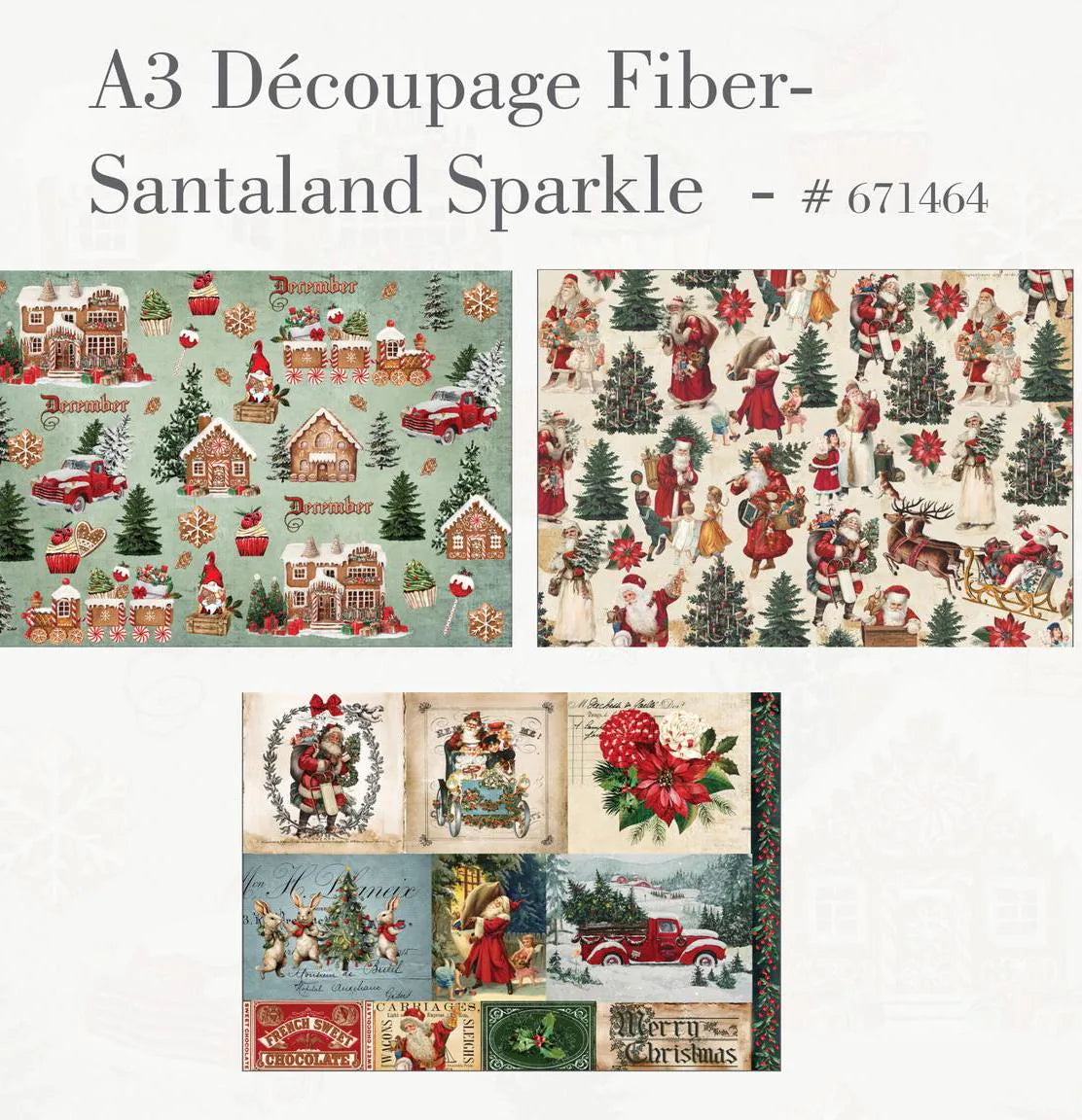 Collection of Christmas-themed decoupage fibers with various designs on a white background.