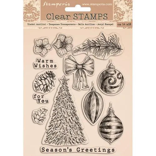 Clear stamps with Christmas-themed designs on a beige background