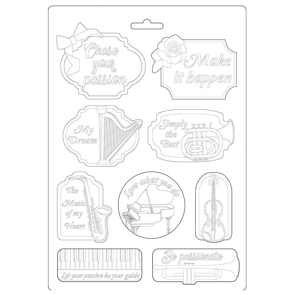 Stamperia Soft Mould A4 Passion MUSIC AND TAG Cold Pour Mixed Media #K3PTA492