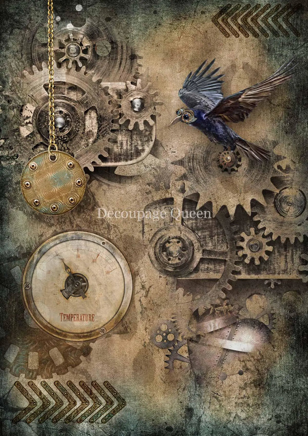 Decoupage Queen STEAMPUNK BIRD A4 Rice Paper DQRP_0350