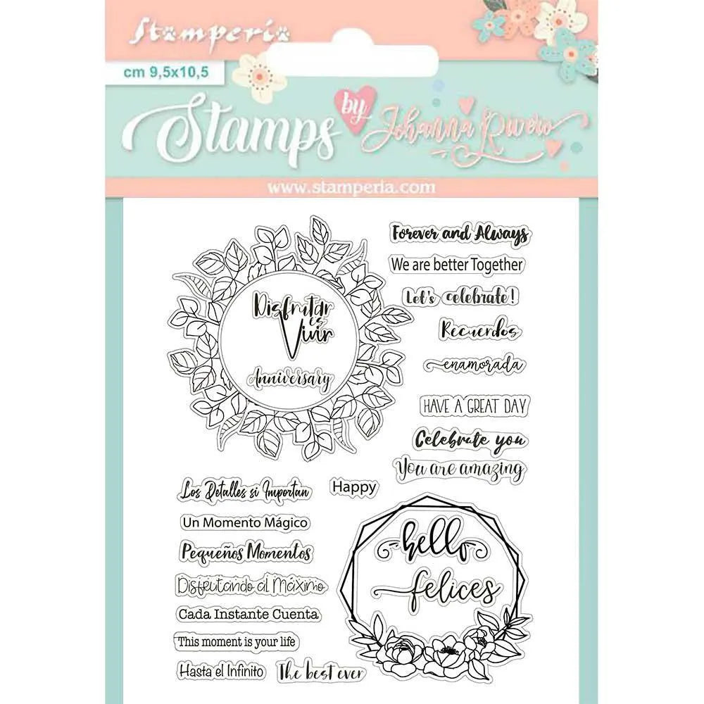Clear stamp set with floral and text designs on a Stamperia packaging.