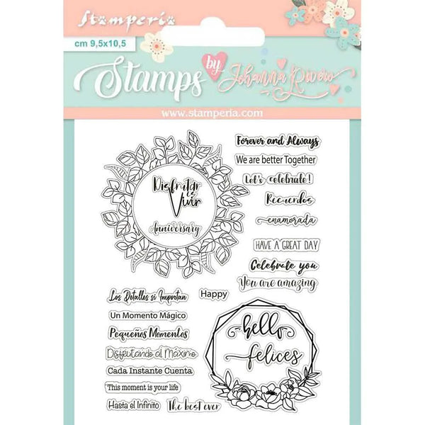 Clear stamp set with floral and text designs on a Stamperia packaging.