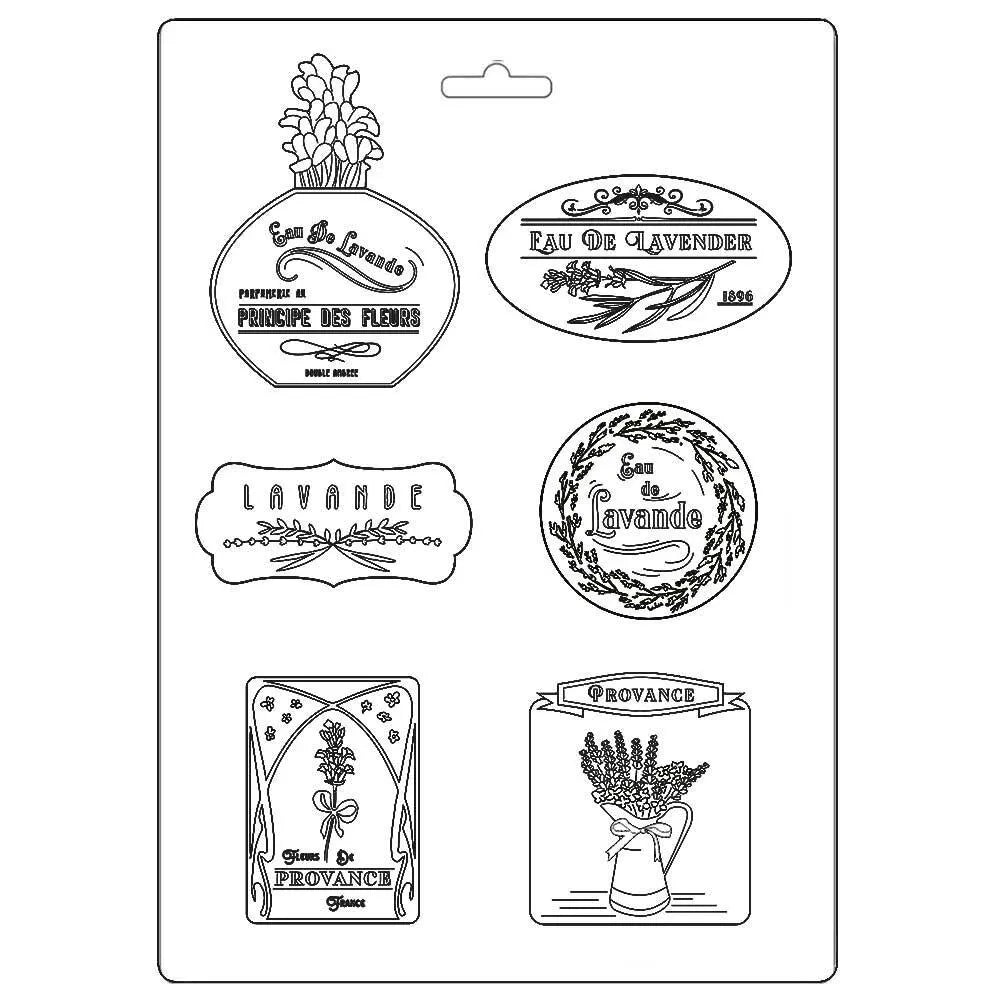 Set of black and white lavender-themed labels on a packaging sheet.