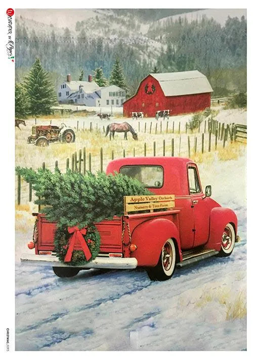 Paper Designs CHRISTMAS Red Pickup TRUCK A4 Decoupage Rice Paper #CHRISTMAS  0295
