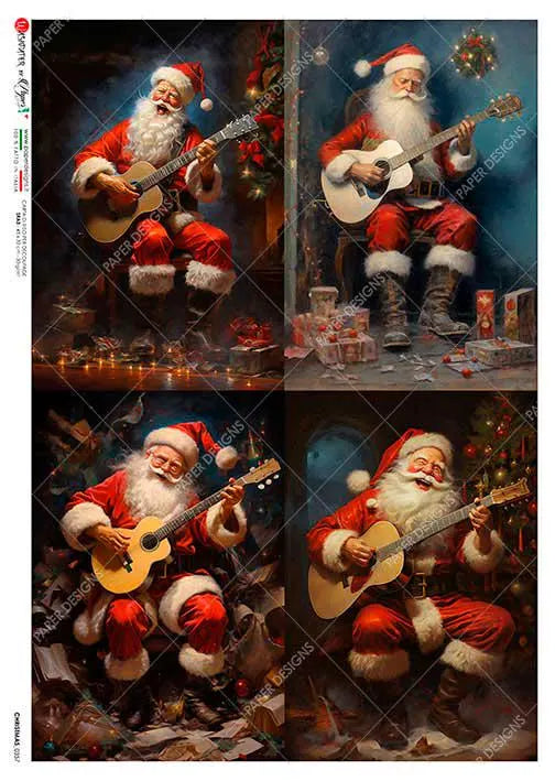 Paper Designs FOUR Pack SANTA Playing Guitar A4 Decoupage Rice Paper #CHRISTMAS0357