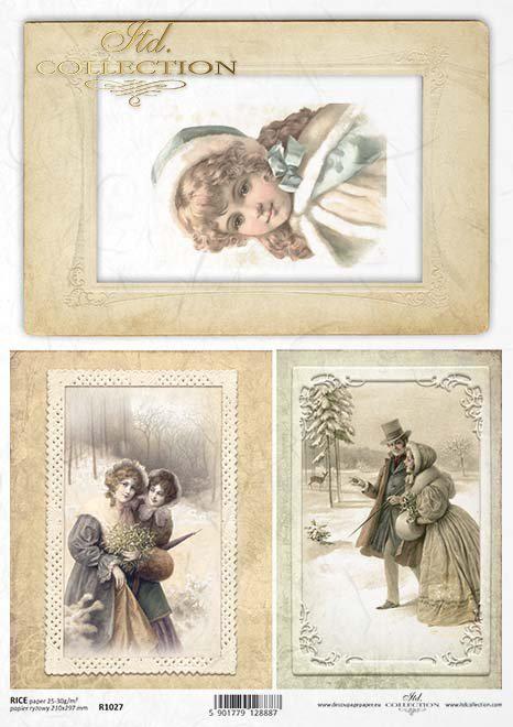 Vintage-style card collection with illustrations of people in period clothing on a beige background.