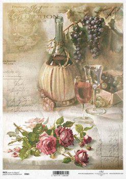 ITD Collection WINE SCRIPT with Roses A4 Decoupage Rice Paper R0981
