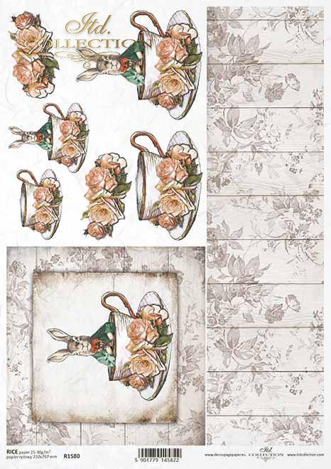 Decorative paper sheet with floral teacup design and wooden planks.