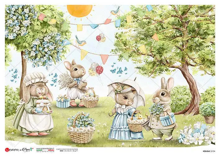 A whimsical Easter-themed illustration featuring rabbits in vintage clothing holding baskets of flowers and eggs, set among green trees, flowers, bunting, and a bright sun on a light blue sky background.