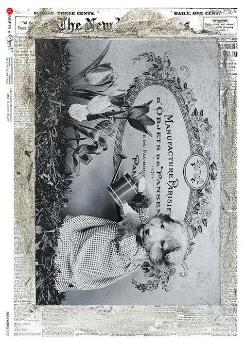 Paper Designs DOG Watering the Plant A4 Decoupage Rice Paper #OLD PHOTOS 0107