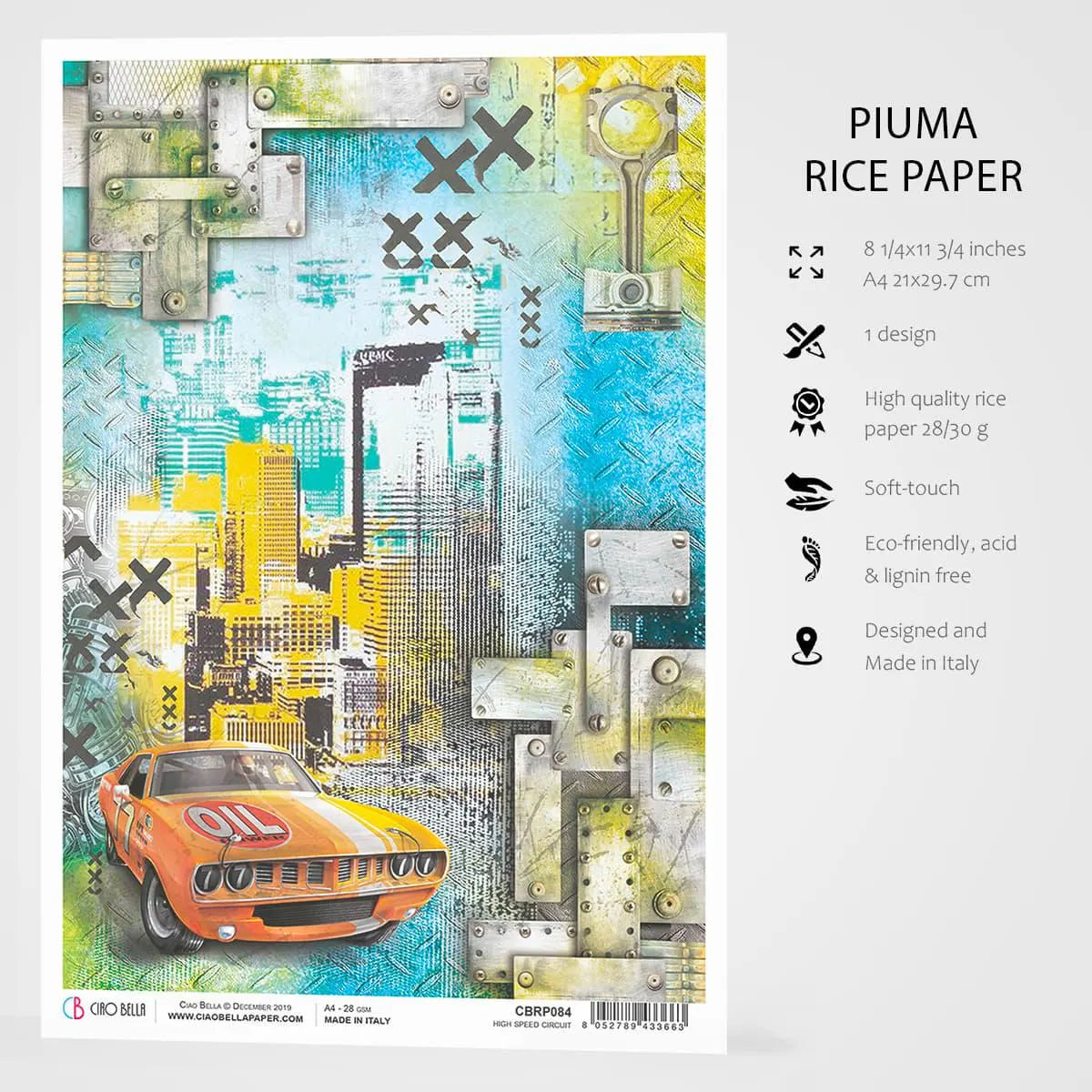 Ciao Bella Start your Engines HIGH SPEED CIRCUIT Rice Paper A4 Mixed Media #CBRP084