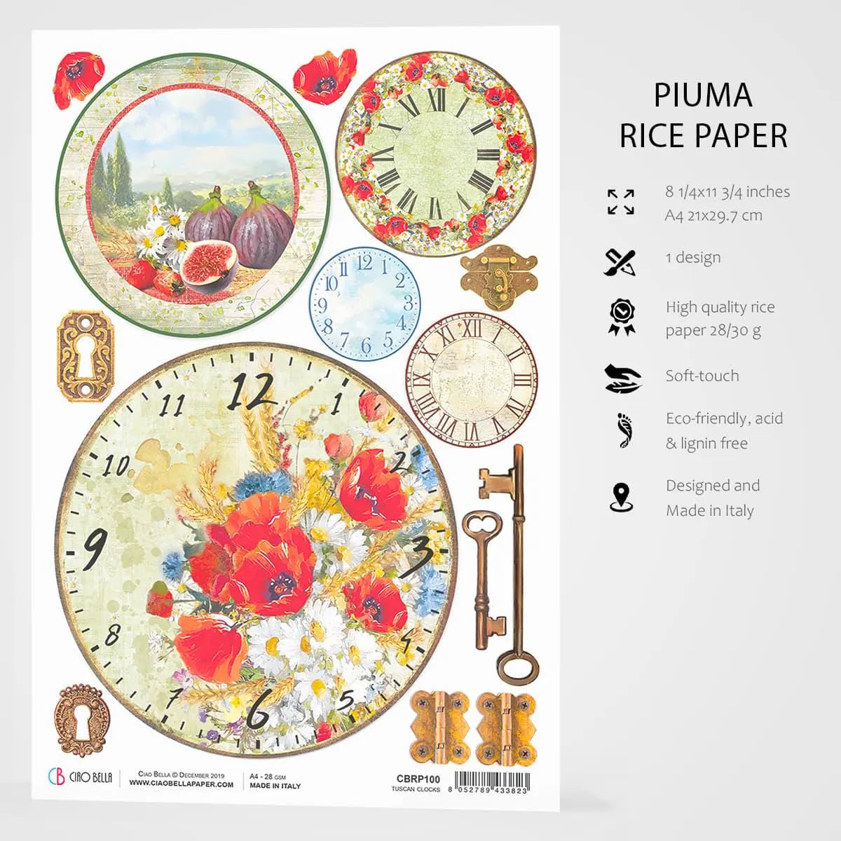 Ciao Bella Under the Tuscan Sun TUSCAN CLOCKS Rice Paper A4 Mixed Media #CBRP100