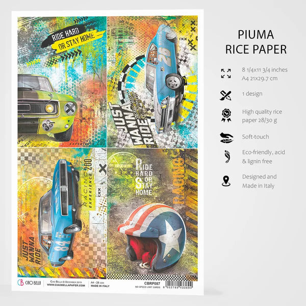 Ciao Bella Start your Engines NO SPEED LIMIT Cards Rice Paper A4 Mixed Media #CBRP087
