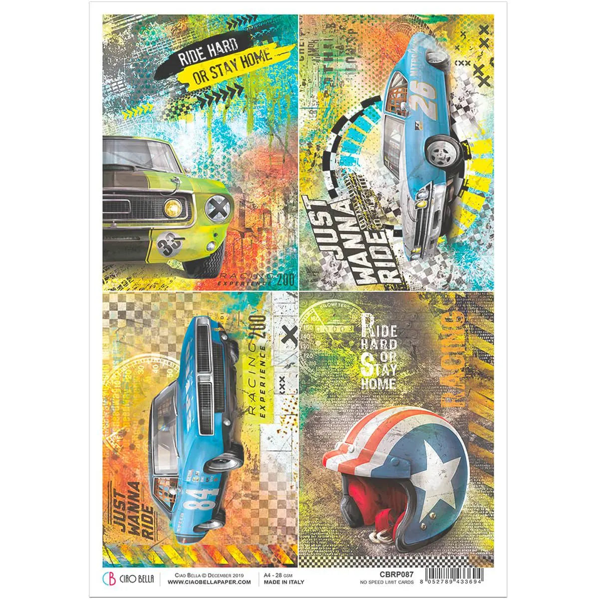 Ciao Bella Start your Engines NO SPEED LIMIT Cards Rice Paper A4 Mixed Media #CBRP087