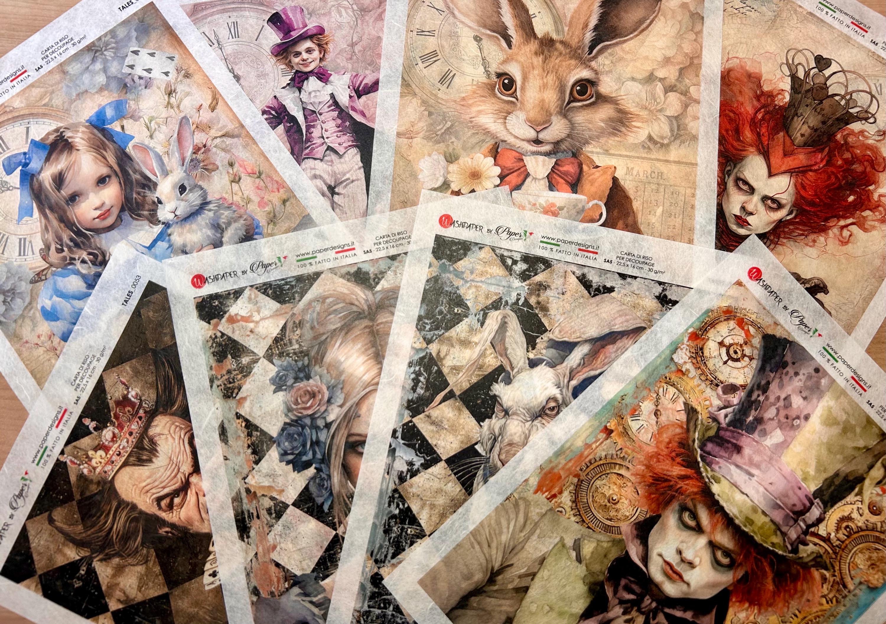 Paper Designs ALICE / DARK ALICE in Wonderland A5 Assorted Rice Paper Selection Decoupage 8 sheets #A5ALICE