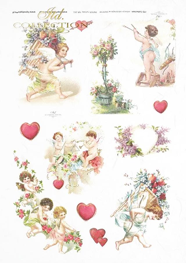 Sheet of decorative paper with cherub illustrations and floral elements on a white background.