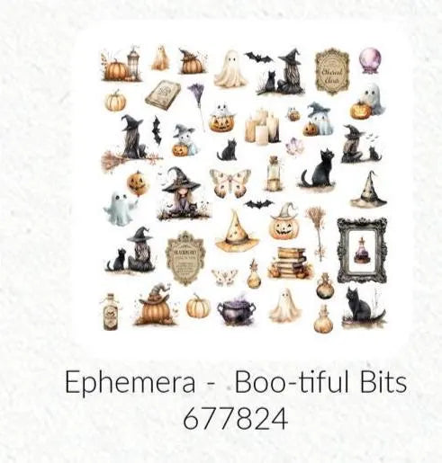 Collection of Halloween-themed decorative items on a white background with 'Ephemera - Boo-tiful Bits' text.