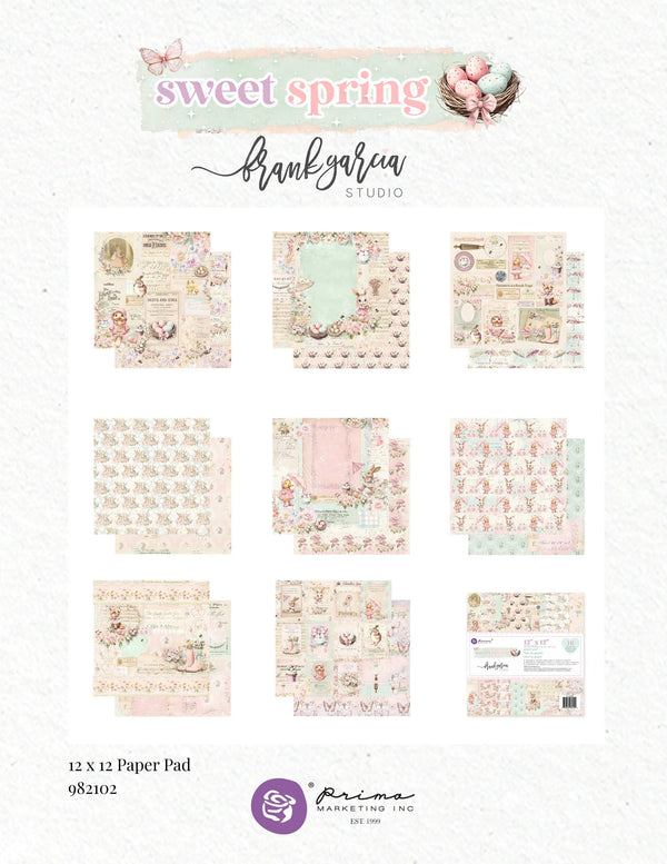 Collection of floral and nature-themed scrapbooking paper sheets with 'sweet spring' text on a white background.