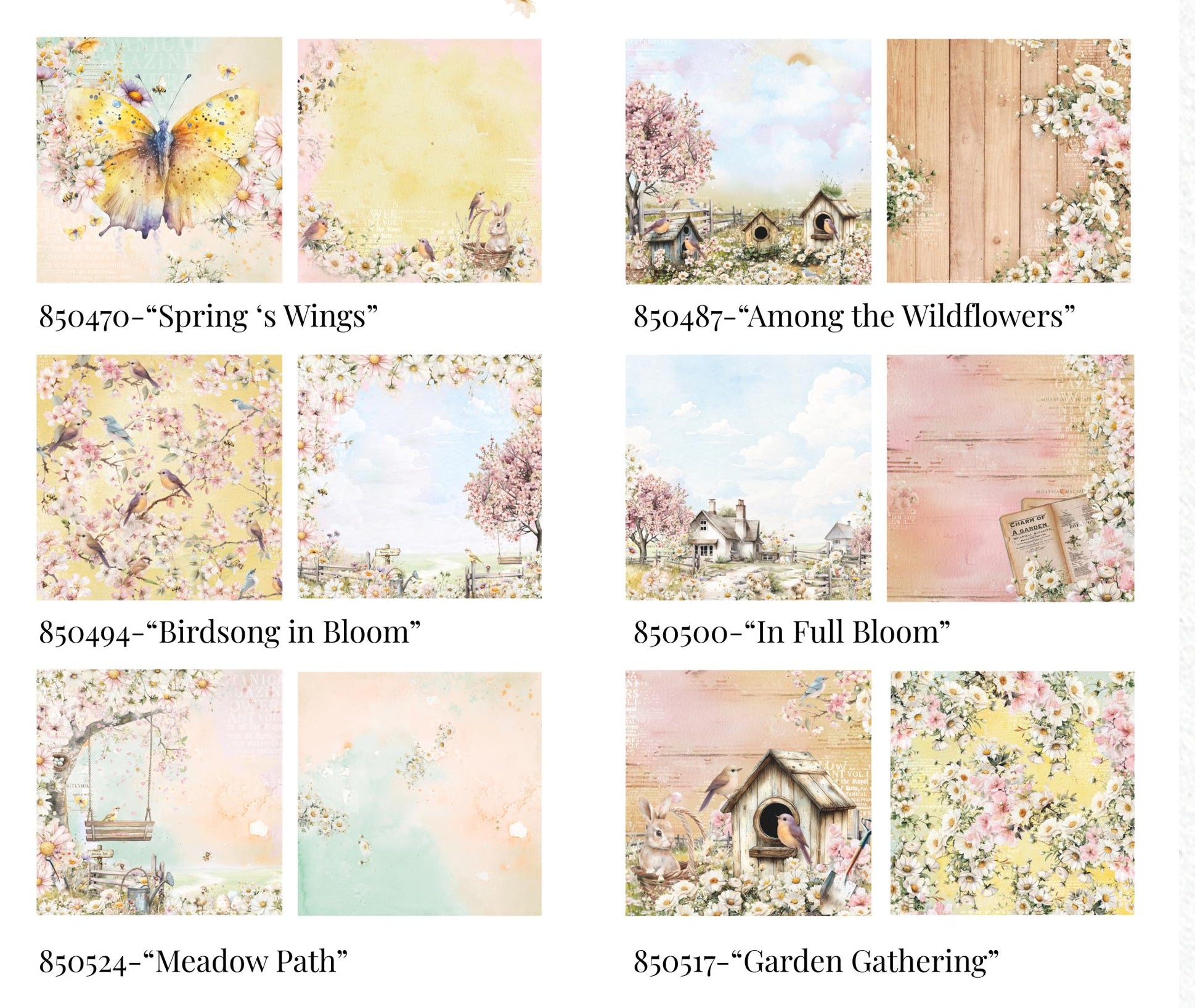 Collection of 8 scenic paper sheets with nature-themed designs on a white background.