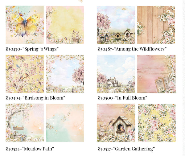 Collection of 8 scenic paper sheets with nature-themed designs on a white background.