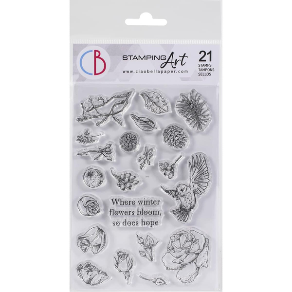 Clear stamp set with nature-themed designs on a white background