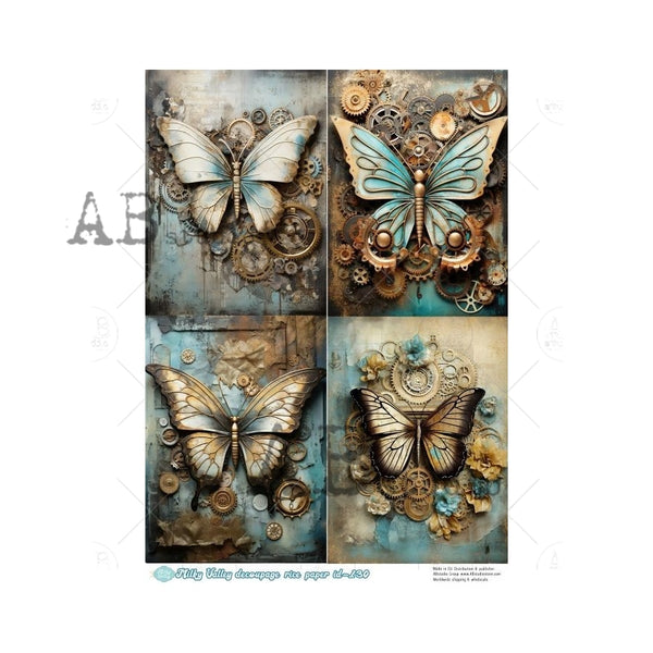 AB Studios Milky Valley Four Pack STEAMPUNK BUTTERFLIES A4 Decoupage Rice Paper #MV130