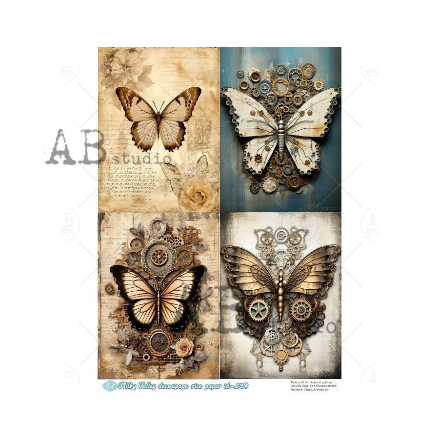 AB Studios Milky Valley Four Pack RUSTIC BUTTERFLIES A4 Decoupage Rice Paper #MV134