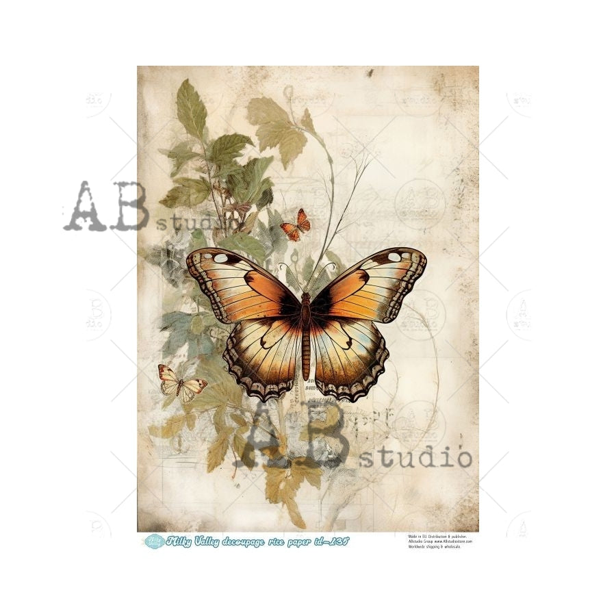 AB Studios Milky Valley Soft RUSTIC BUTTERFLIES A4 Decoupage Rice Paper #MV135