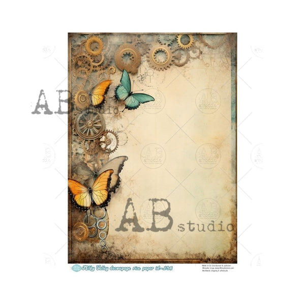 AB Studios Milky Valley STEAMPUNK BUTTERFLY Journal Page A4 Decoupage Rice Paper #MV136