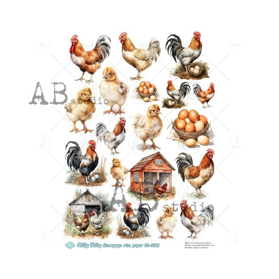 AB Studios Milky Valley Farmhouse HENS and ROOSTERS A4 Decoupage Rice Paper #MV209